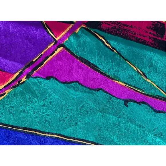 Vintage 90s Abstract Printed Silk Scarf Bold Colorful Artsy Square Wrap Purple - Picture 8 of 8